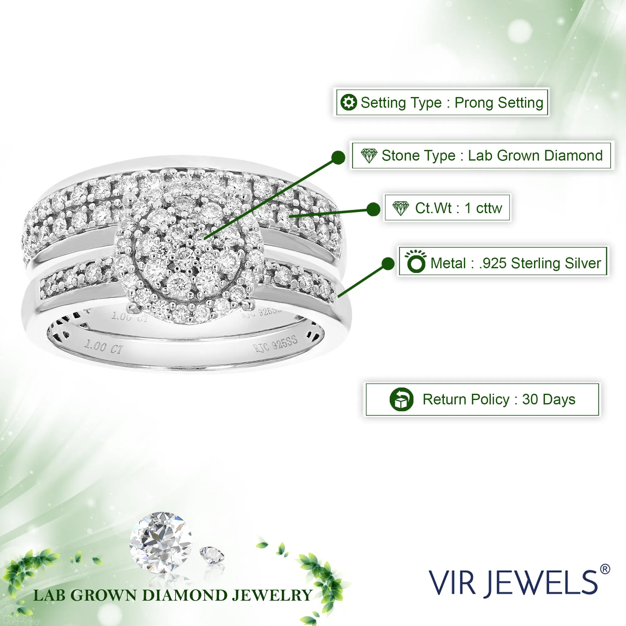 1 cttw Lab Grown Diamond Wedding Ring Set in Sterling Silver