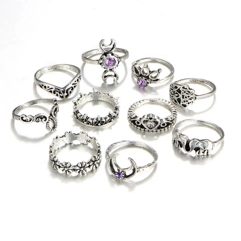 10 pcs/set vintage beach ring punk hollow elephant sun flower rings set carved boho midi finger jewelry
