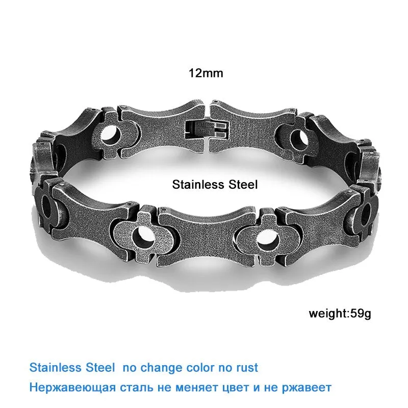12mm Wide Men Stainless Steel Vintage Black Bicycle Chain Bracelet