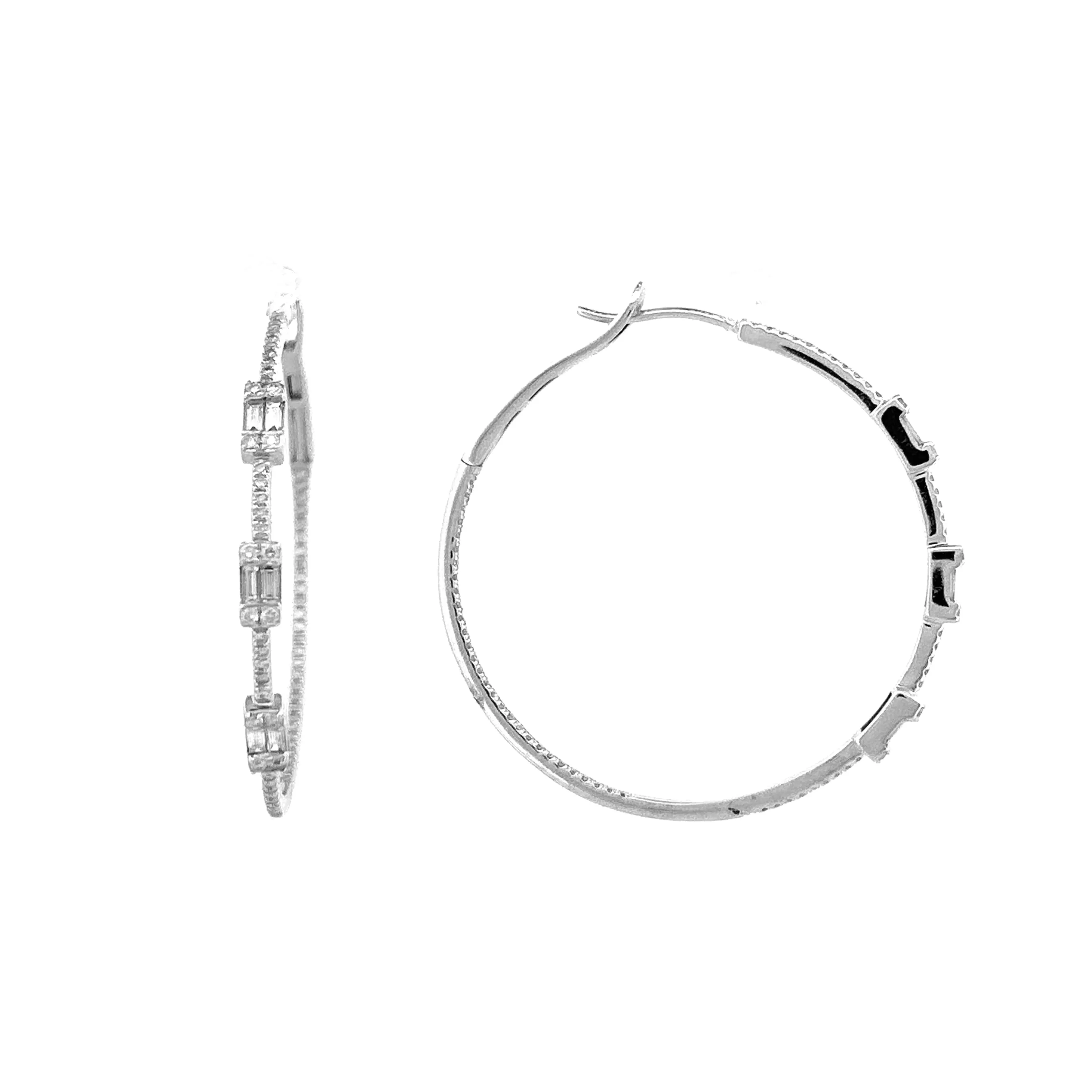 14K Gold Baguette Cut Diamond Hoop Earrings
