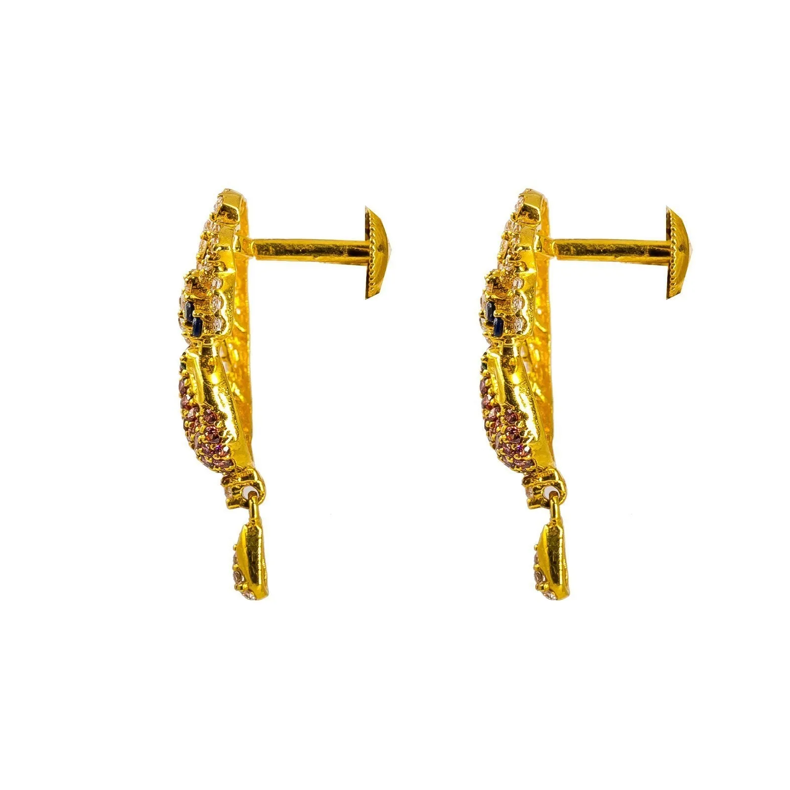22K Yellow Gold Necklace and Earrings Set W/ Multi Color CZ Peacock on Double Texture Foxtail Chain
