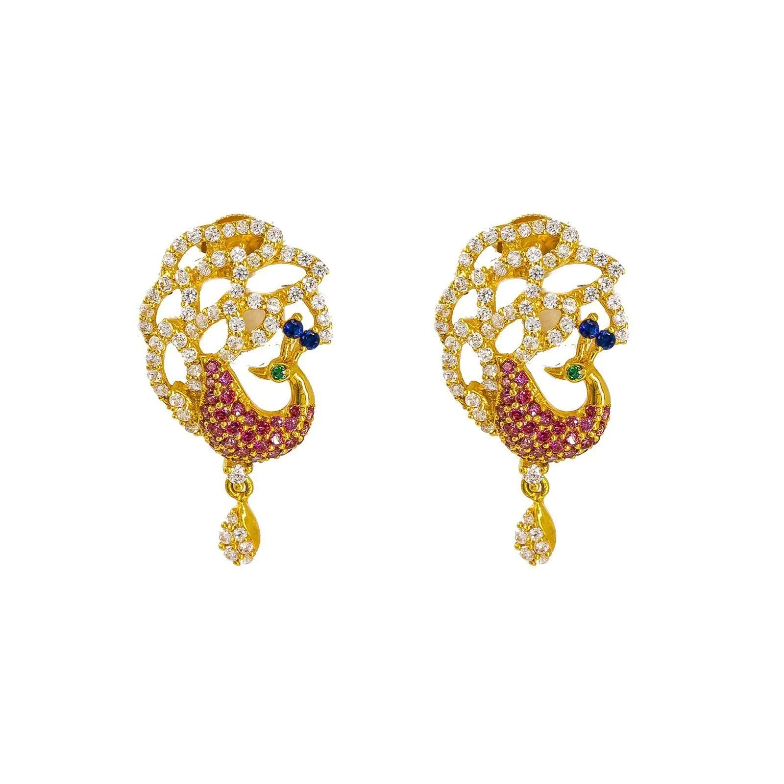 22K Yellow Gold Necklace and Earrings Set W/ Multi Color CZ Peacock on Double Texture Foxtail Chain