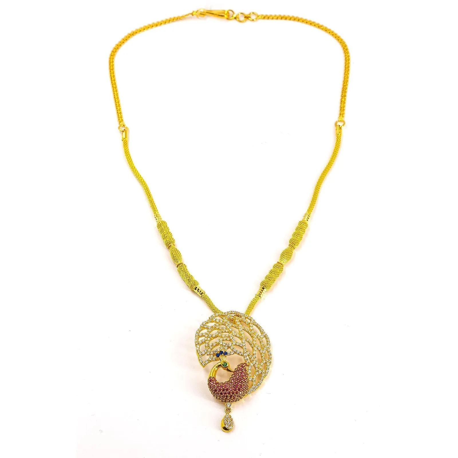 22K Yellow Gold Necklace and Earrings Set W/ Multi Color CZ Peacock on Double Texture Foxtail Chain