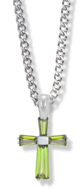 3/4 Inch Sterling Silver and Glass Crystal August Birthstone Baguette Cross Necklace