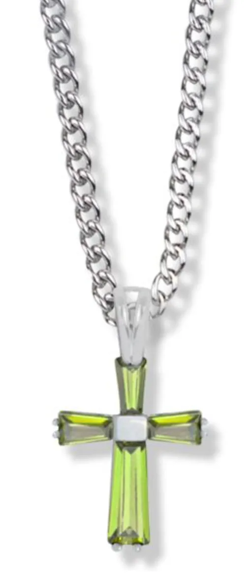 3/4 Inch Sterling Silver and Glass Crystal August Birthstone Baguette Cross Necklace