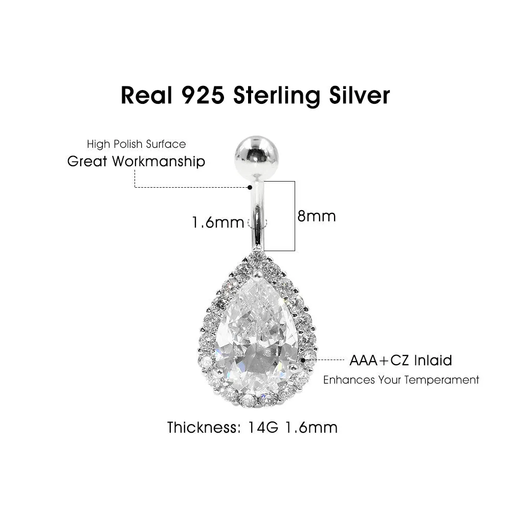 925 Sterling Silver 14G Drop Shape CZ Belly Button Rings Navel Rings Piercing Jewelry AB0121
