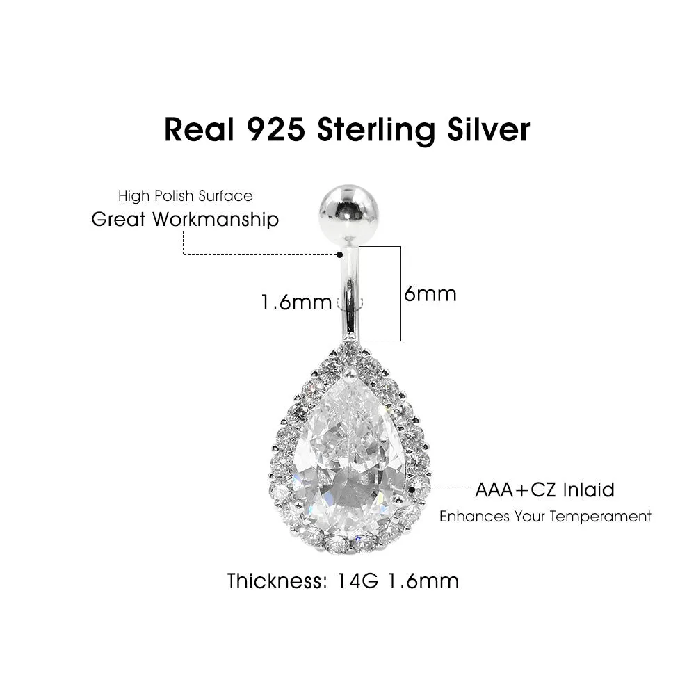 925 Sterling Silver 14G Drop Shape CZ Belly Button Rings Navel Rings Piercing Jewelry AB0121