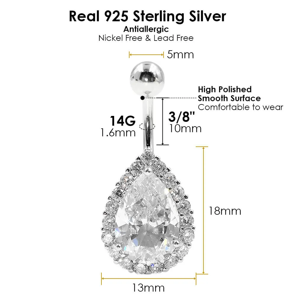 925 Sterling Silver 14G Drop Shape CZ Belly Button Rings Navel Rings Piercing Jewelry AB0121