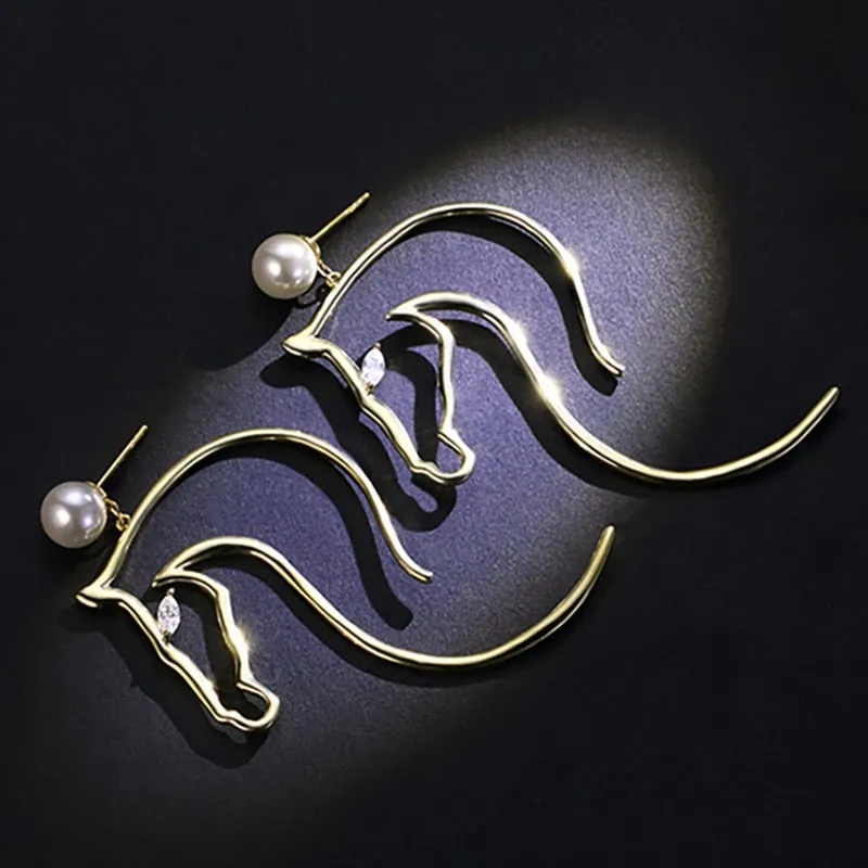 Abstract Horse-Figure and Pearl Earrings