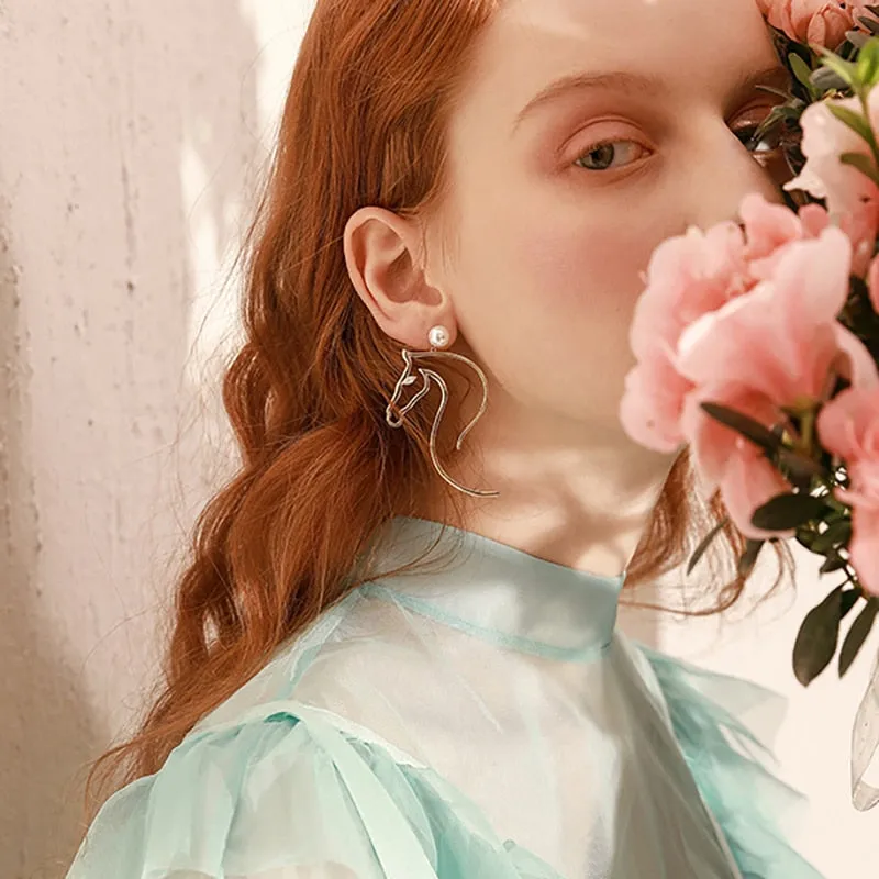 Abstract Horse-Figure and Pearl Earrings