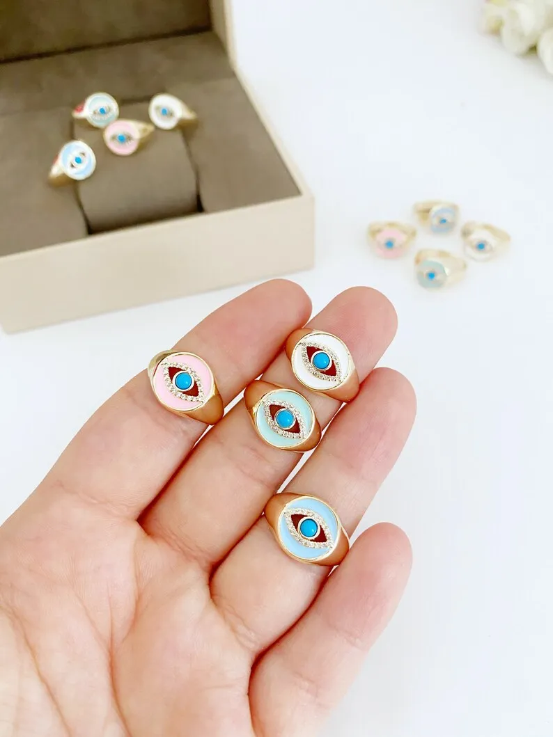 Adjustable Gold Evil Eye Signet Rings - Wholesale Summer Jewelry, Stackable Blue Eye Rings with Zircon Charm - Greek Eye Design