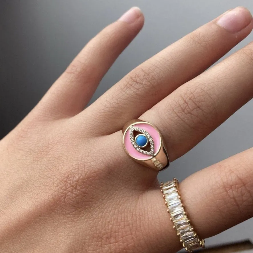 Adjustable Gold Evil Eye Signet Rings - Wholesale Summer Jewelry, Stackable Blue Eye Rings with Zircon Charm - Greek Eye Design