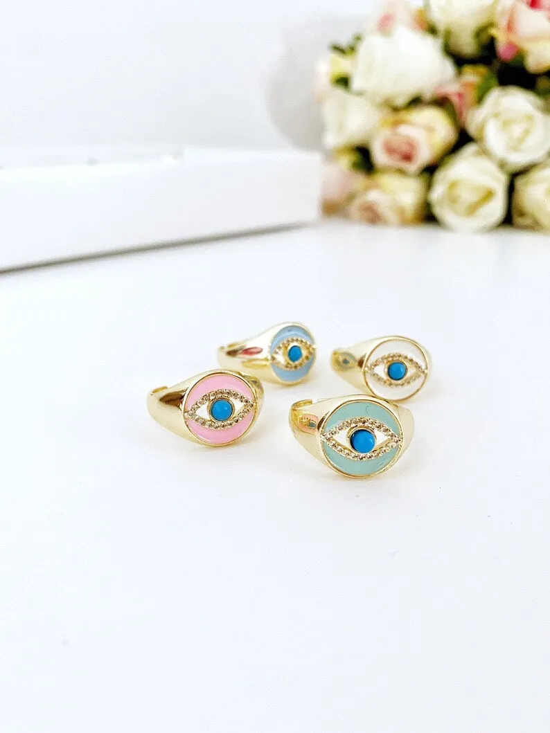Adjustable Gold Evil Eye Signet Rings - Wholesale Summer Jewelry, Stackable Blue Eye Rings with Zircon Charm - Greek Eye Design