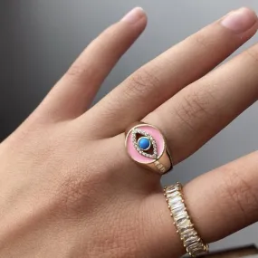 Adjustable Gold Evil Eye Signet Rings - Wholesale Summer Jewelry, Stackable Blue Eye Rings with Zircon Charm - Greek Eye Design