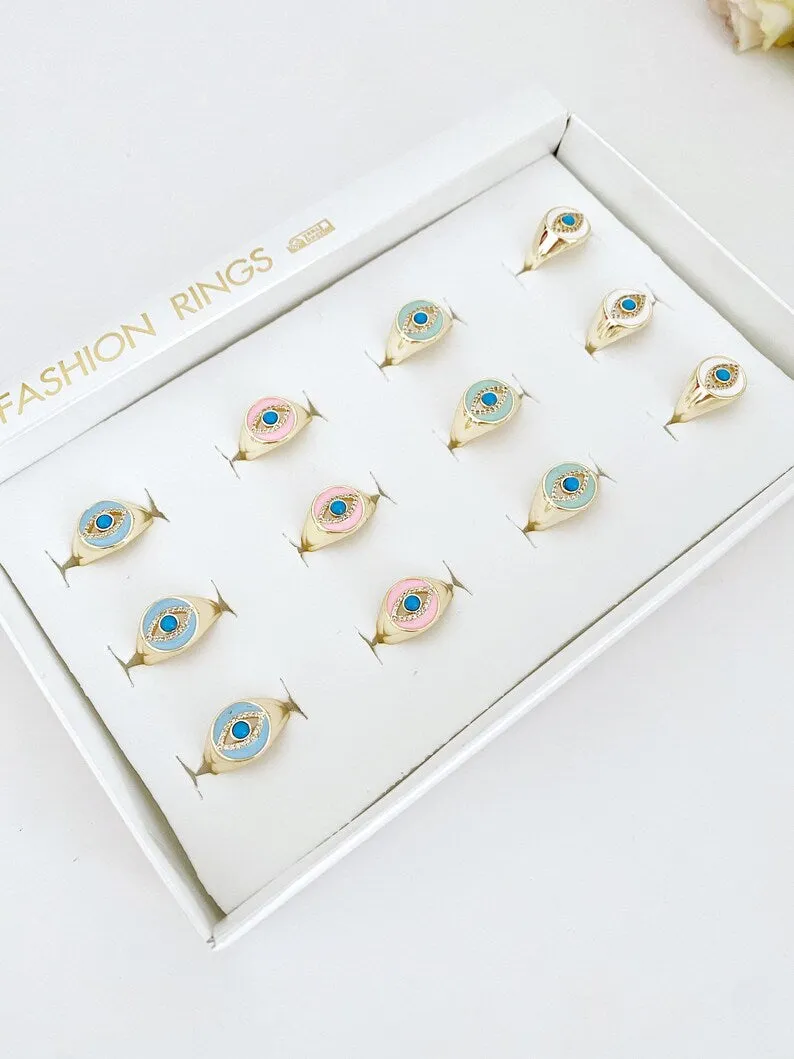Adjustable Gold Evil Eye Signet Rings - Wholesale Summer Jewelry, Stackable Blue Eye Rings with Zircon Charm - Greek Eye Design
