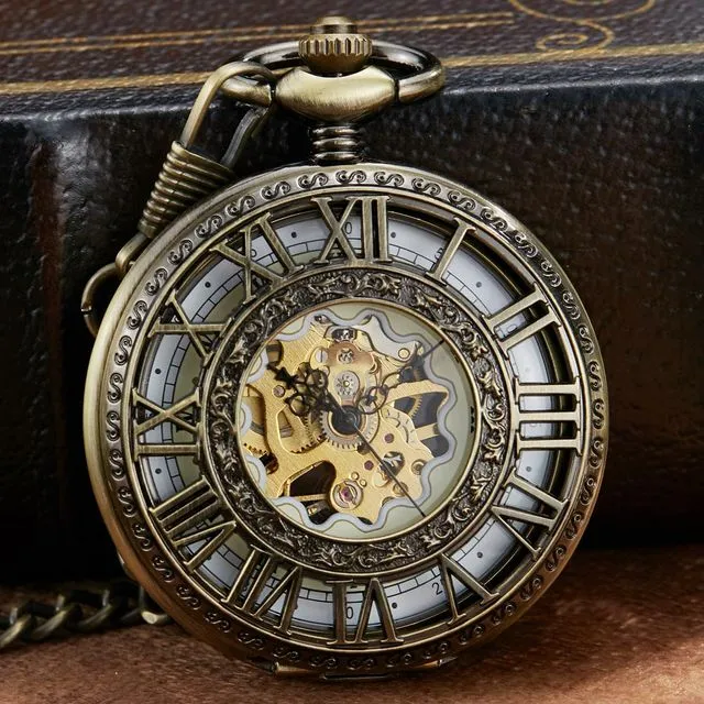 Antique Steampunk Skeleton Mechanical Pocket Watch for Men Women