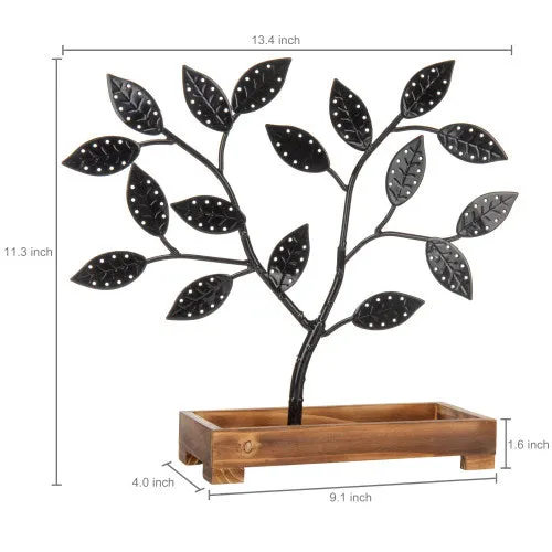 Black Metal Jewelry Tree with Wooden Trinket Tray