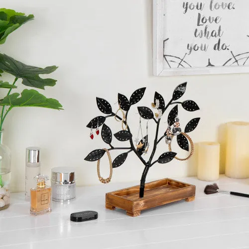 Black Metal Jewelry Tree with Wooden Trinket Tray