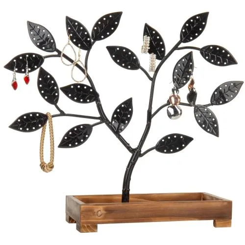 Black Metal Jewelry Tree with Wooden Trinket Tray