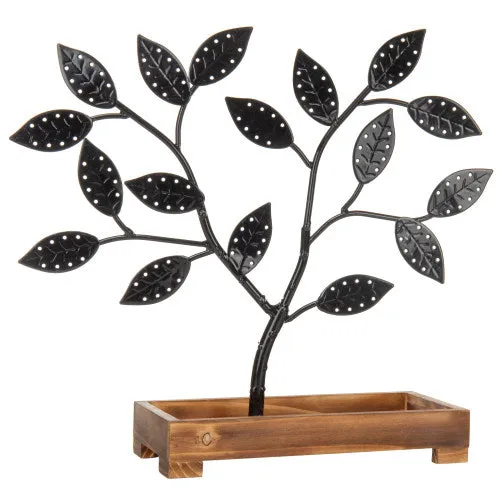 Black Metal Jewelry Tree with Wooden Trinket Tray