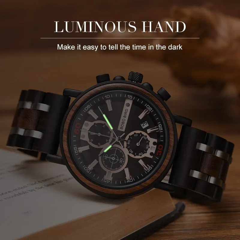BOBO BIRD Stylish Chronograph Watches in Wooden Box.