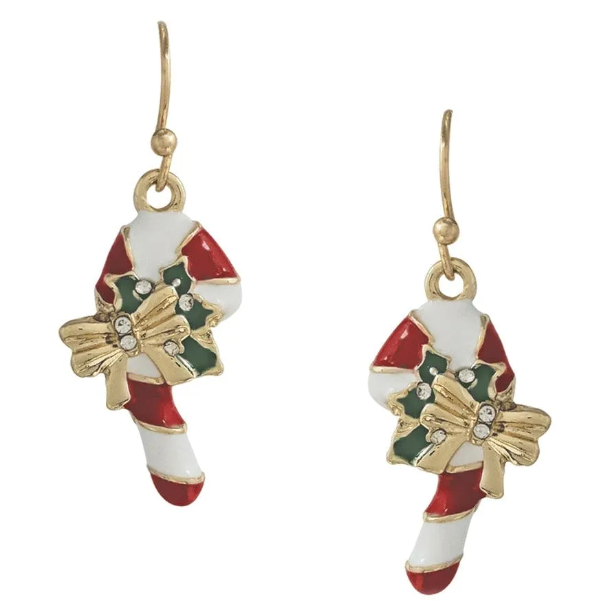 Candy Cane with Bow Christmas Hook Earrings
