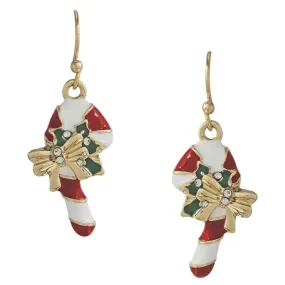 Candy Cane with Bow Christmas Hook Earrings