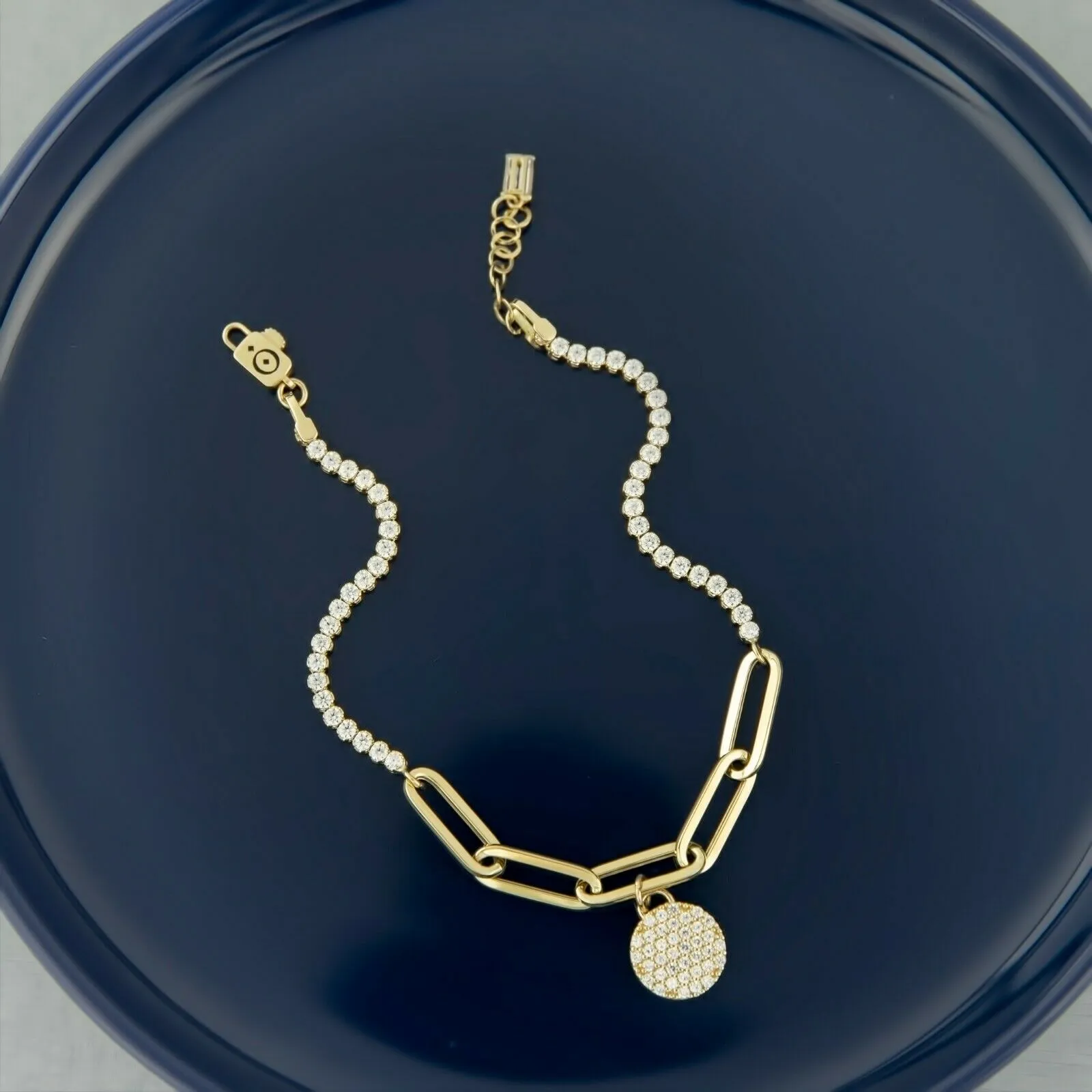 CZ Charm Paperclip Bracelet 14K Yellow Gold