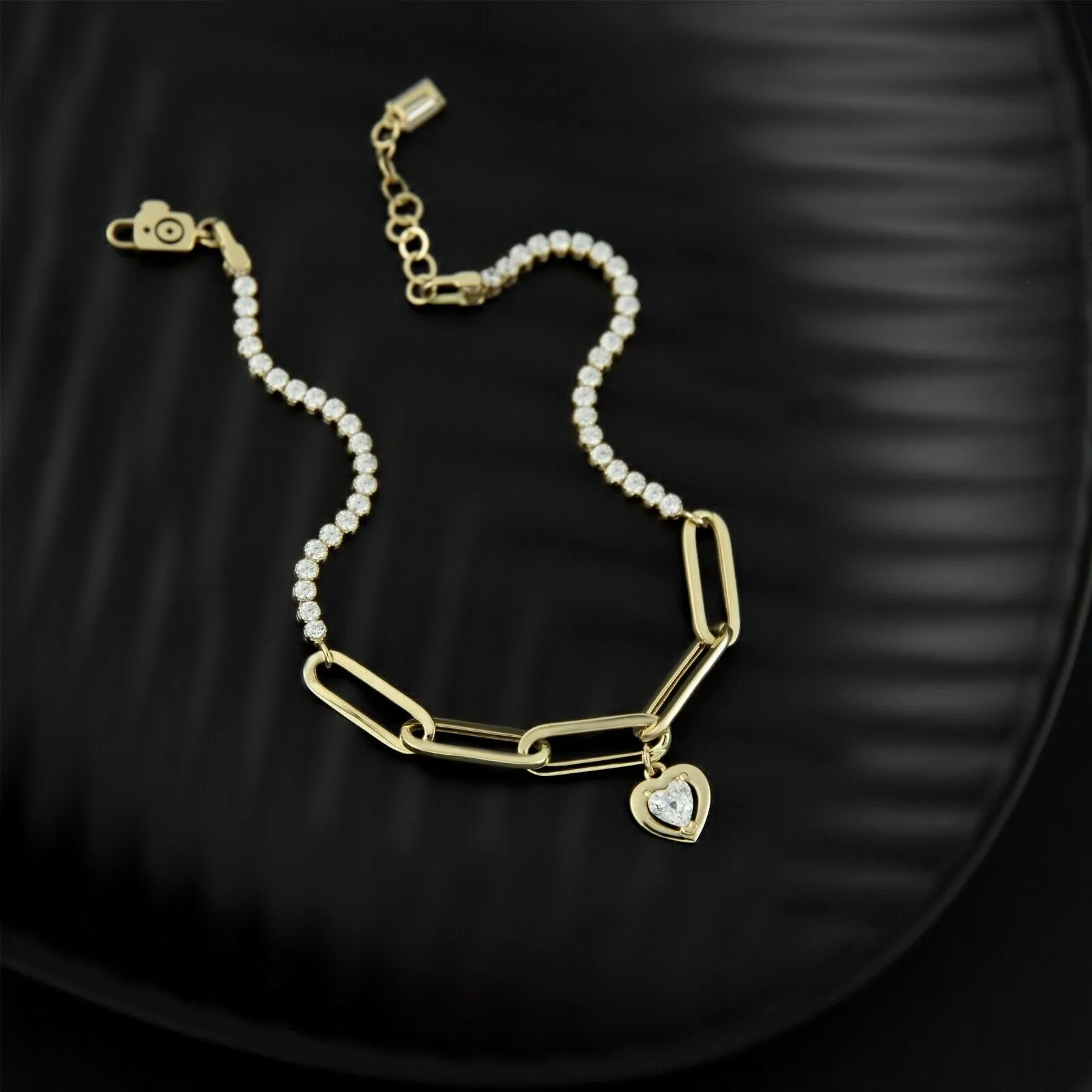 CZ Charm Paperclip Bracelet 14K Yellow Gold
