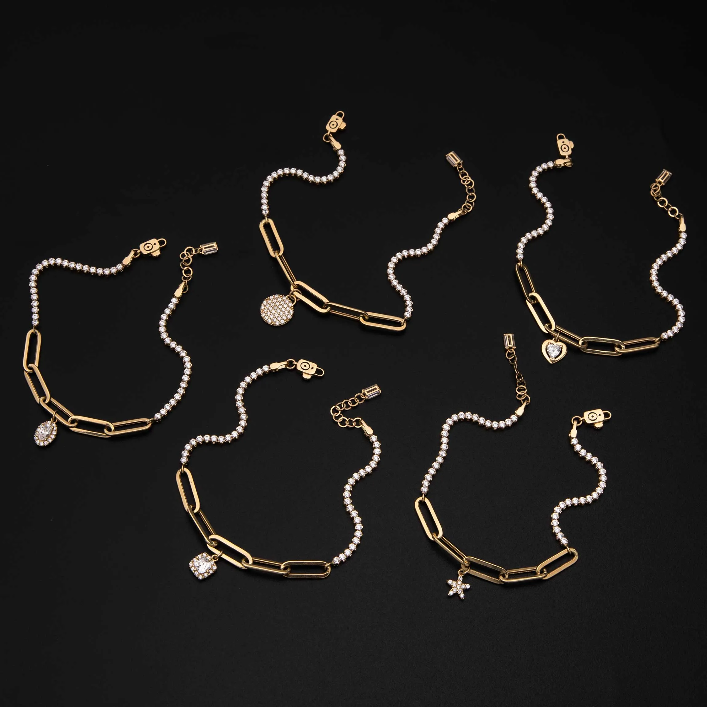 CZ Charm Paperclip Bracelet 14K Yellow Gold