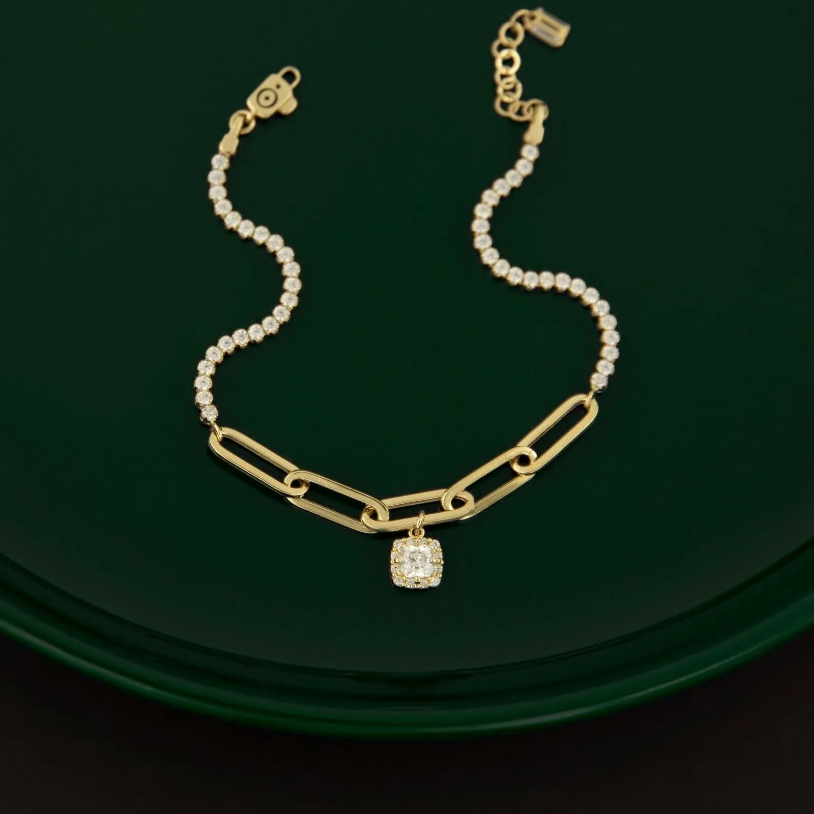 CZ Charm Paperclip Bracelet 14K Yellow Gold