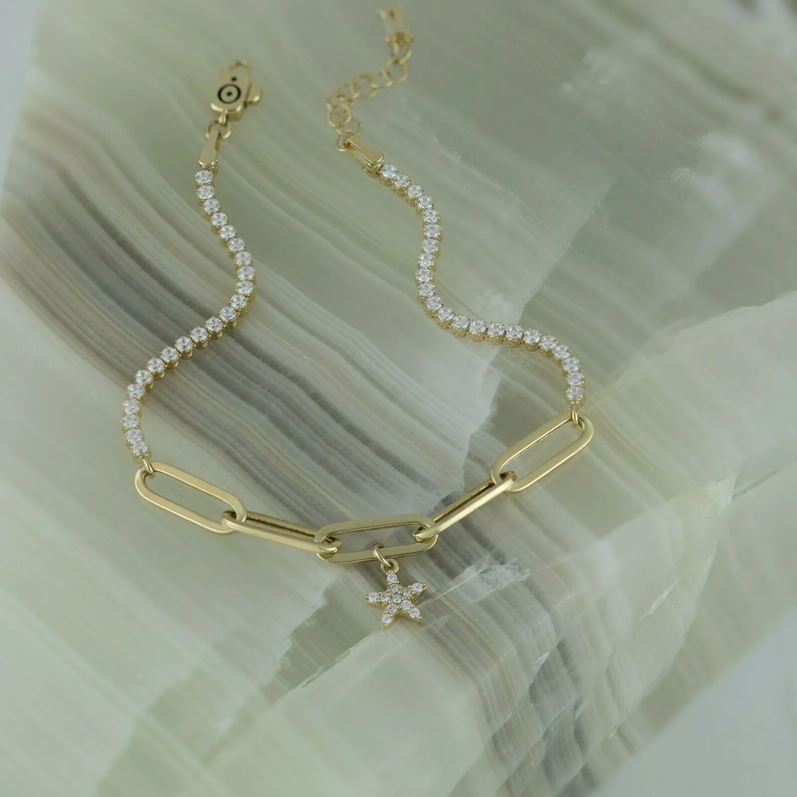 CZ Charm Paperclip Bracelet 14K Yellow Gold