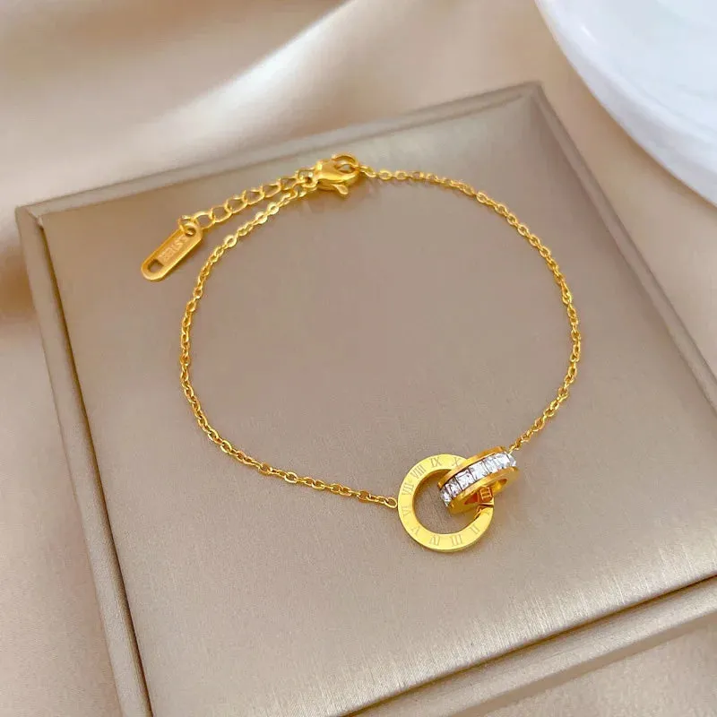 Dazzling Luxury Roman Numbers Stainless Steel Crystal Charm Bracelets for Women Girls Fashion Jewelry Accessories
