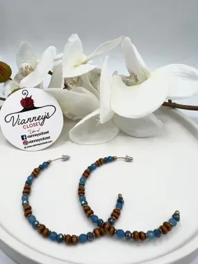 Elise Blue and Wood C-Shape Beaded Earrings