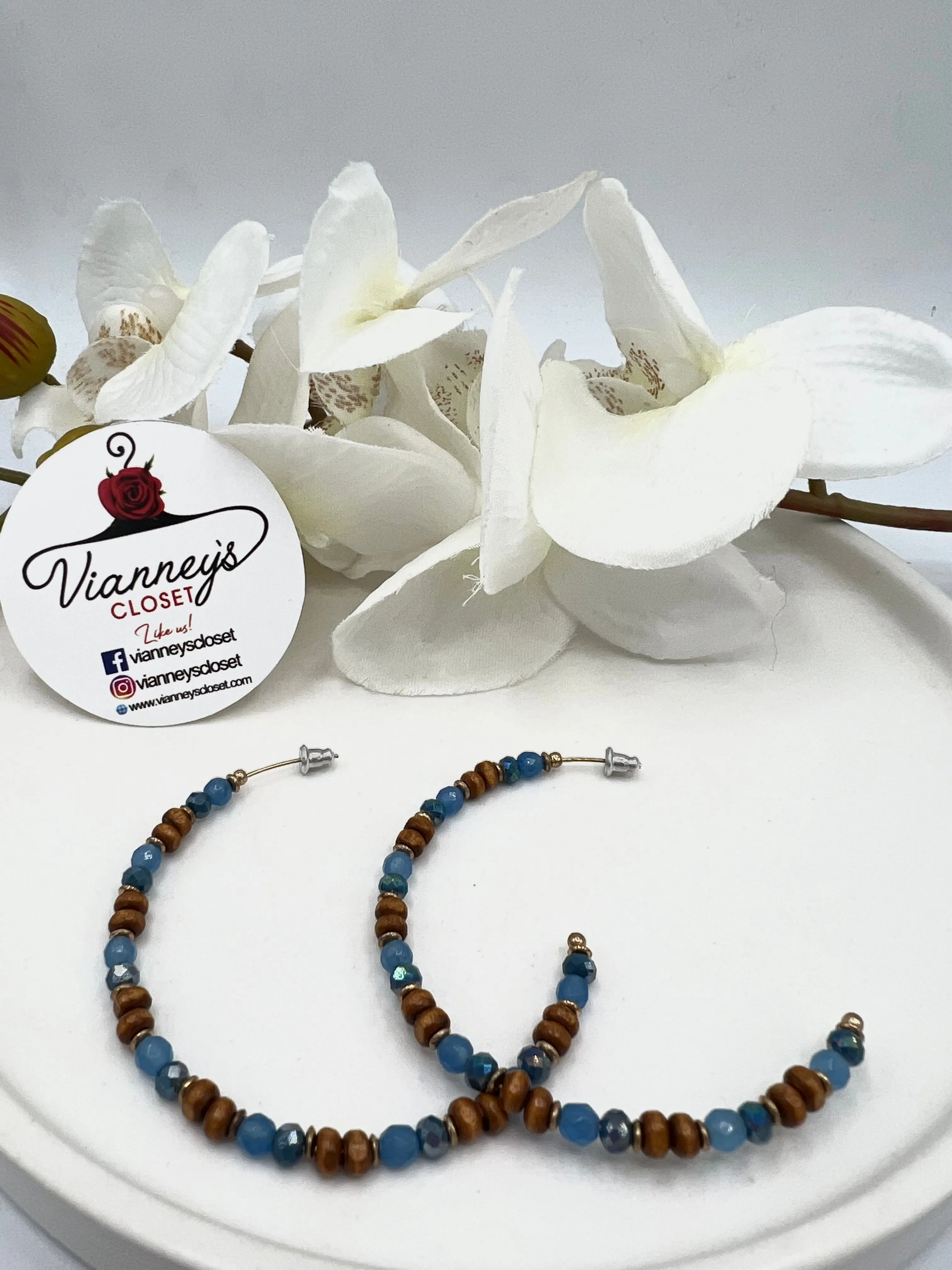 Elise Blue and Wood C-Shape Beaded Earrings