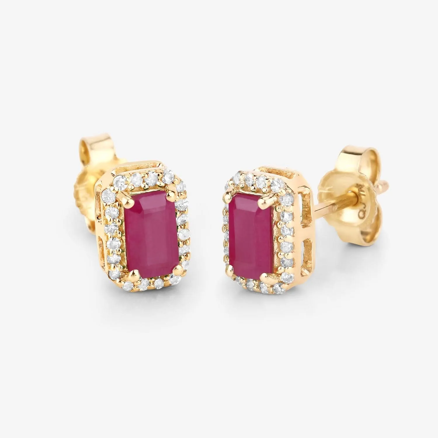 Genuine Ruby and White Diamond 14K Yellow Gold Earrings