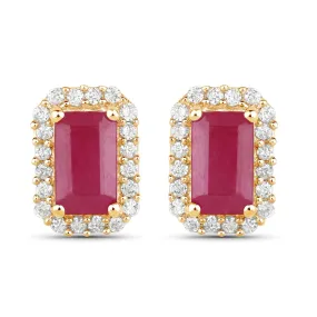 Genuine Ruby and White Diamond 14K Yellow Gold Earrings