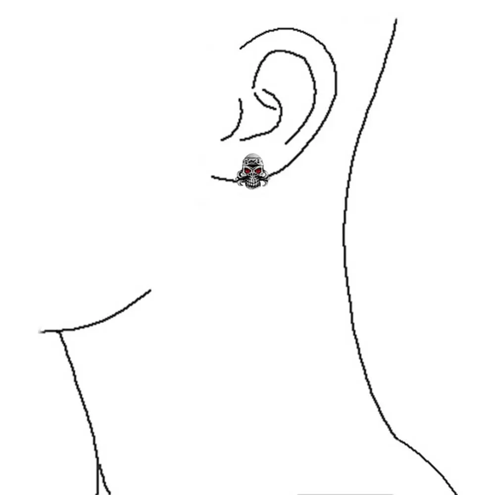 Halloween Pirate Skull Red Crystal Stud Earrings for Men, Silver Tone Stainless Steel