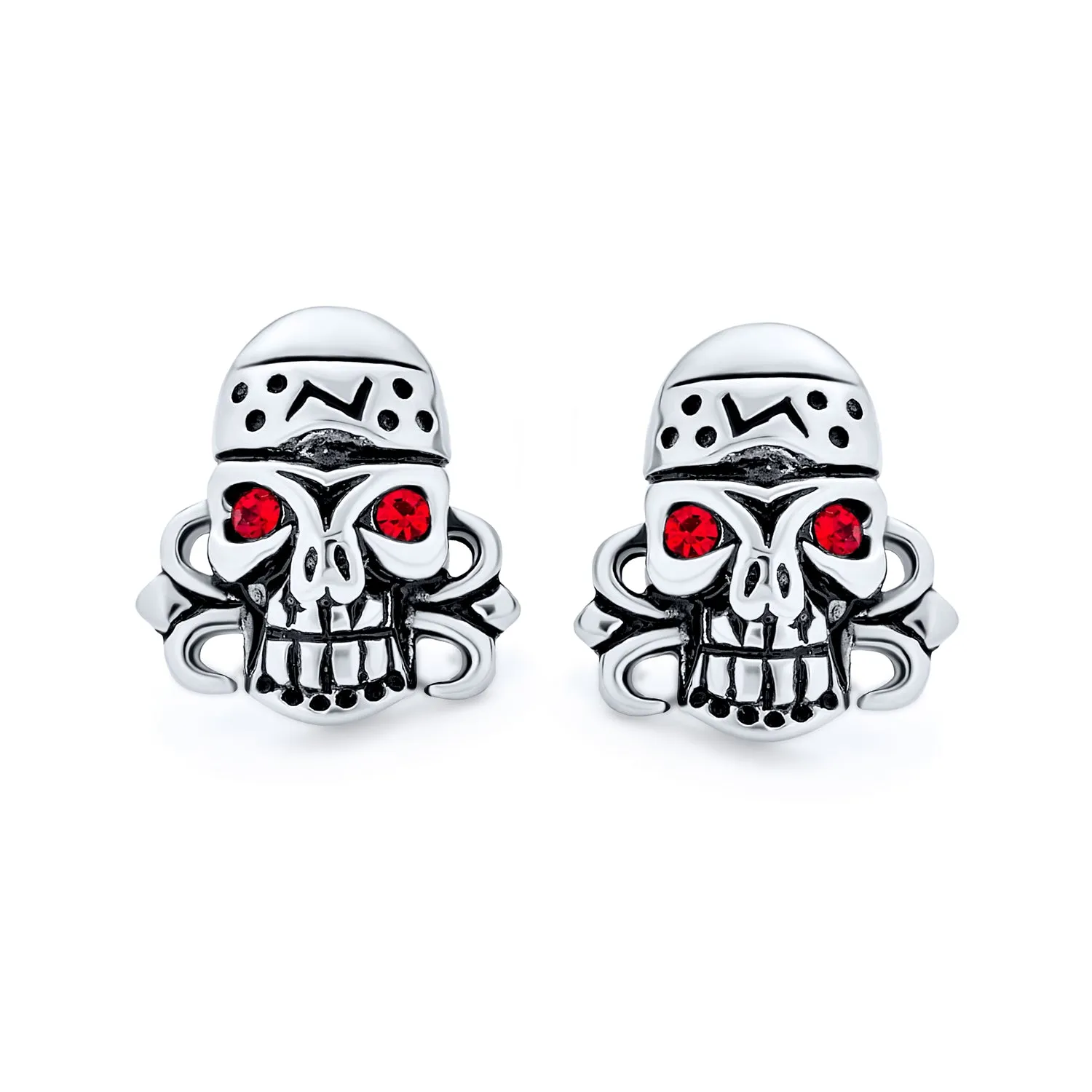 Halloween Pirate Skull Red Crystal Stud Earrings for Men, Silver Tone Stainless Steel