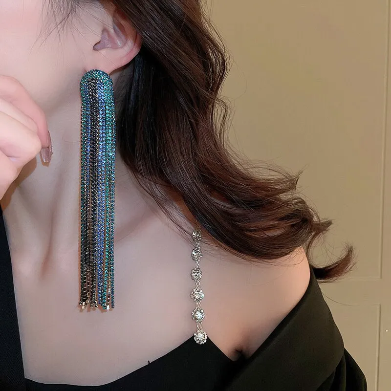 Long Tassel Rhinestone Drop Earrings for Women Long Blue Crystal Dangle Earrings