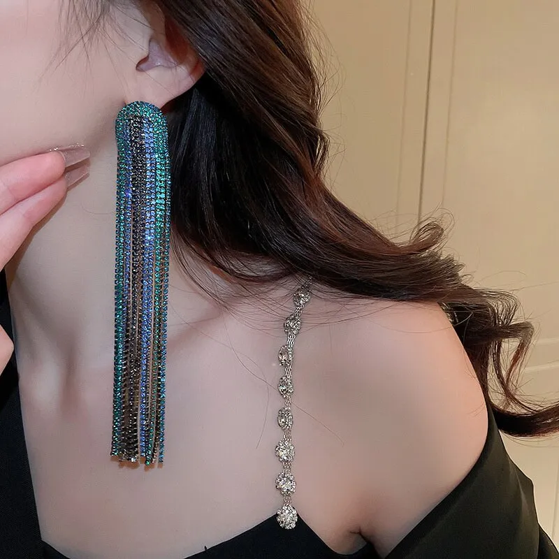 Long Tassel Rhinestone Drop Earrings for Women Long Blue Crystal Dangle Earrings