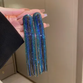 Long Tassel Rhinestone Drop Earrings for Women Long Blue Crystal Dangle Earrings