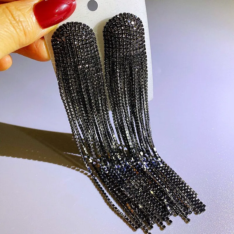 Long Tassel Rhinestone Drop Earrings for Women Long Blue Crystal Dangle Earrings