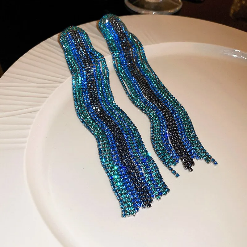 Long Tassel Rhinestone Drop Earrings for Women Long Blue Crystal Dangle Earrings