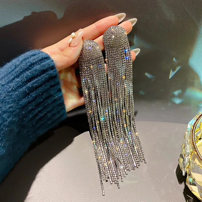 Long Tassel Rhinestone Drop Earrings for Women Long Blue Crystal Dangle Earrings