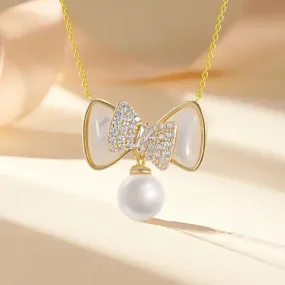LOVCIA Speciality Design Bow Pearl Pendant Sterling Silver Necklace for Women