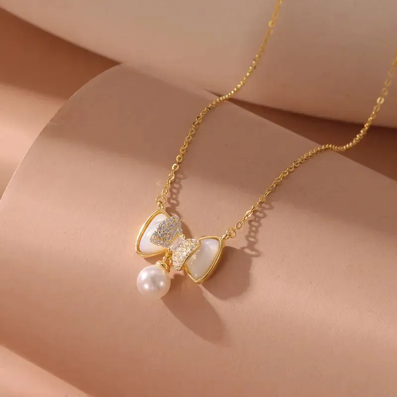 LOVCIA Speciality Design Bow Pearl Pendant Sterling Silver Necklace for Women