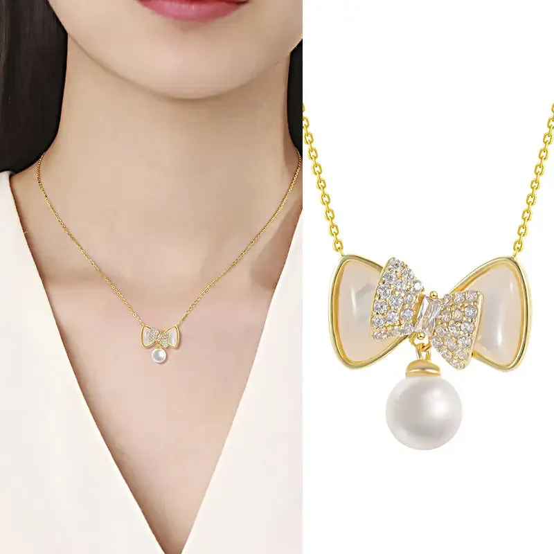 LOVCIA Speciality Design Bow Pearl Pendant Sterling Silver Necklace for Women