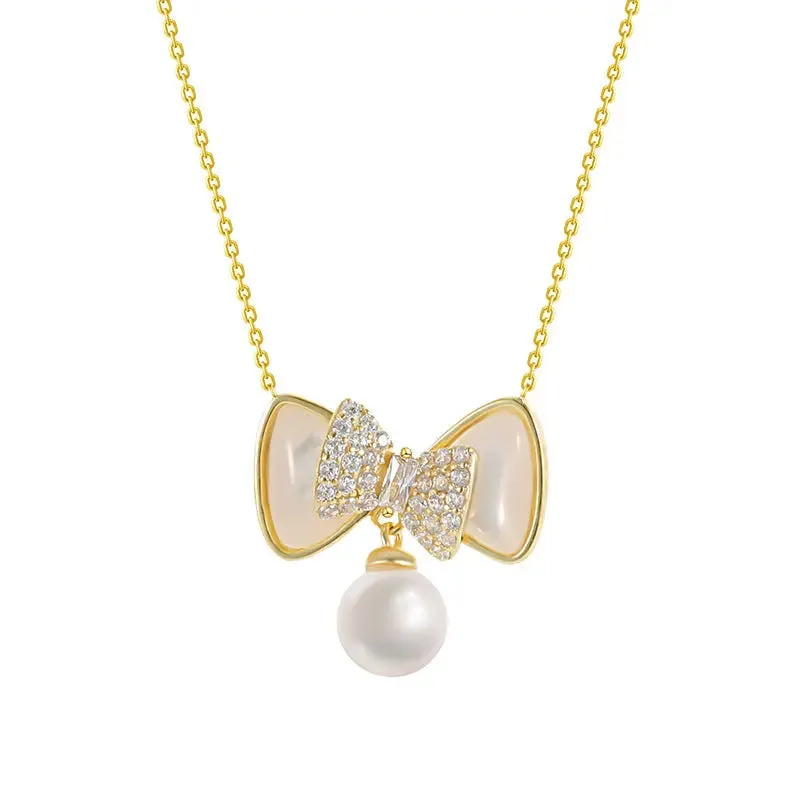 LOVCIA Speciality Design Bow Pearl Pendant Sterling Silver Necklace for Women