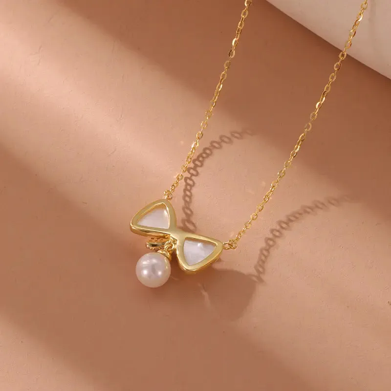 LOVCIA Speciality Design Bow Pearl Pendant Sterling Silver Necklace for Women